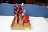 Cranberry Candle Holders w/Sterling Bases, Bowl and 2 Vases.