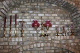 Cranberry Double Brass Lamp, Brass Candle Holders.