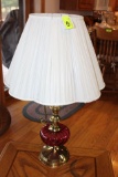 Pair of Cranberry and Brass Lamps.