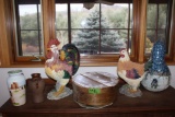 Roosters, Bird House, Cheese Box, Vases.