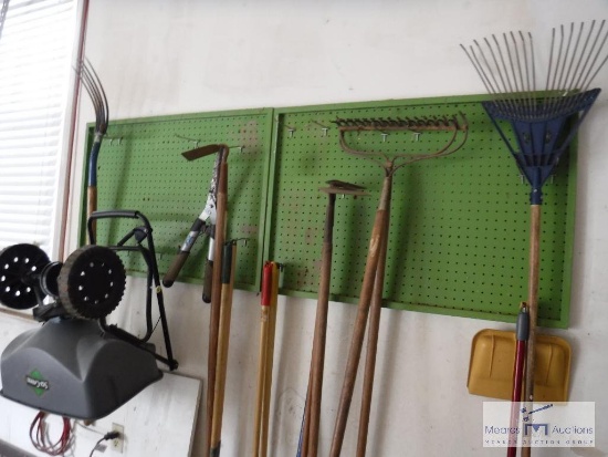 Yard tools - walk-behind seeder - pitch fork - rakes - hoes