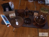 Large lot of wooden serving items - cracker tray - tea box - coasters
