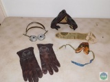 Army Air Corps - pilot leather helmet, googles, head phones, and pouch