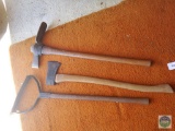 Lot of (3) yard tools - axe - sling blade - pick