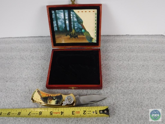 NEW - Indian on Horse folding knife in wood case