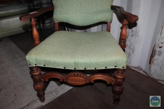 Mahogany Chair with Arms and Green Upholstery