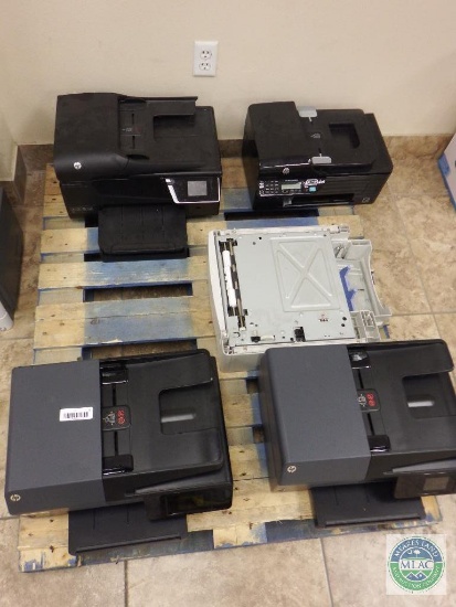 Group of (4) HP printers and paper tray