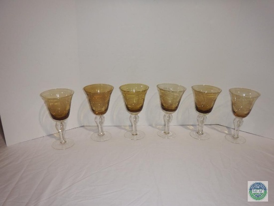 Group of (6) etched amber wine glasses