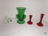 Group of mixed glass vase and candlesticks
