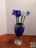 Art glass - Blue glass flower vase, and glass flowers