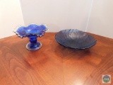 Blue glass candy dish and footed bowl