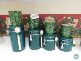 Green kitchen canister set and mugs