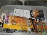 Plastic tote of batteries and lightbulbs