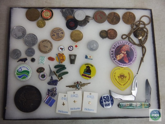 Various Collector Pins & Tokens & Knives in Collector Display Box
