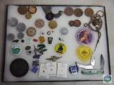 Various Collector Pins & Tokens & Knives in Collector Display Box