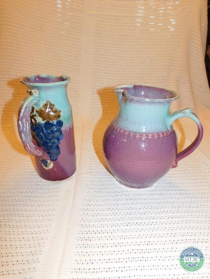 2 Pottery Grape Pitchers Signed "Grim 04"