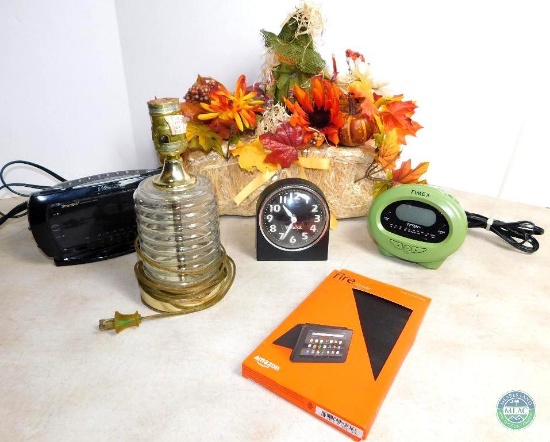 Clocks, Lamp, and Fall Decorations