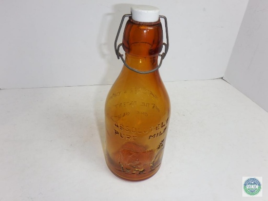 Thatcher Dairy 1 Quart Amber Glass Bottle Patent 1884 With Stopper