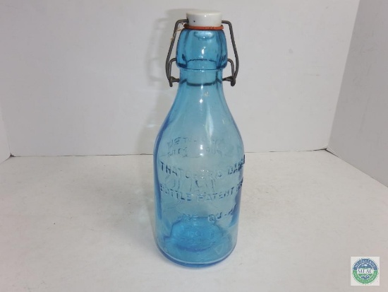 Thatcher Dairy 1 Quart Blue Glass Bottle Patent 1884 With Stopper