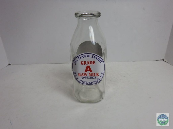 J.R. Davis Dairy Raw Milk Piedmont SC 1 Quart Clear Glass Jar Bottle