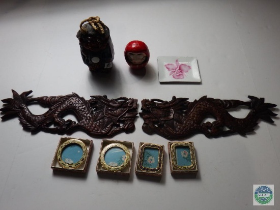 Chinese Decorations Lot Wooden Dragons, Round Frames, Devil Bell, Small tray