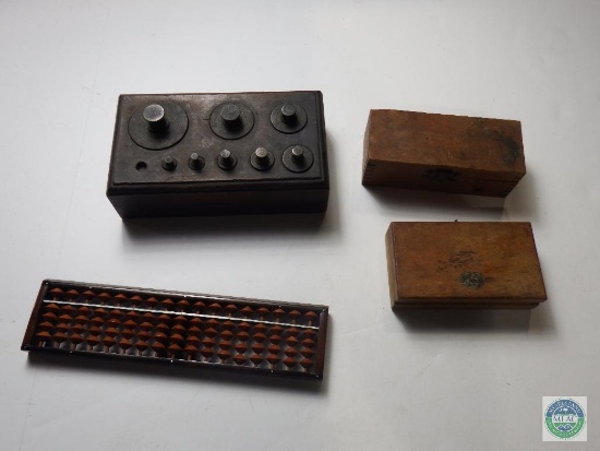 Lot of Scale Weights and Vintage Wood Boxes