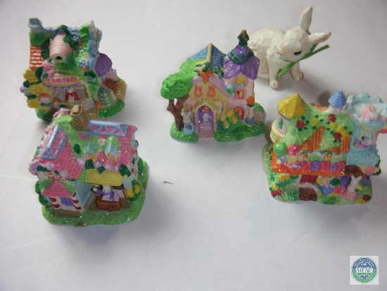 Lot Hoppy Hollow Easter Ceramic Village Set & Carved Bunny