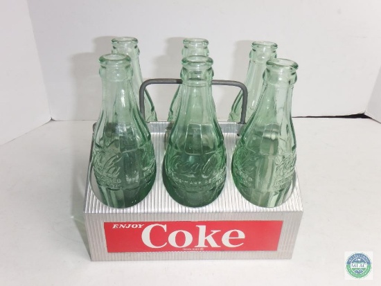 6 Pack Coca-Cola Bottles 6 oz Embossed Anderson SC with Aluminum Coke Crate