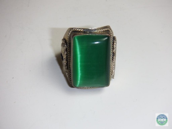 Silver tone Ring with dragon & Pheshant Embossed Large Green Gem