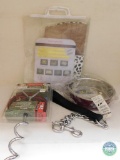 Lot Pet Bed, Stainless Bowl, Chain leash, and Spiral Stake and Tie Cable