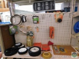 Lot of Mower Wheels, Filters, Weed Eater Blades, Nylon Cutting Lines, & Belts