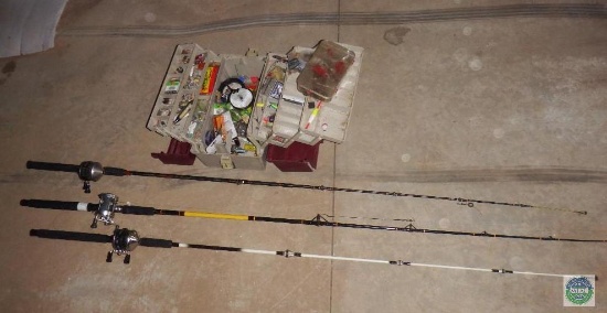 Lot of 3 Fishing Rods & Tackle Box