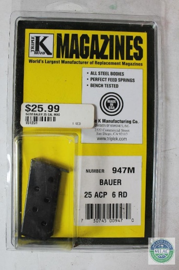 Triple K Brand Bauer .25 ACP Magazine New