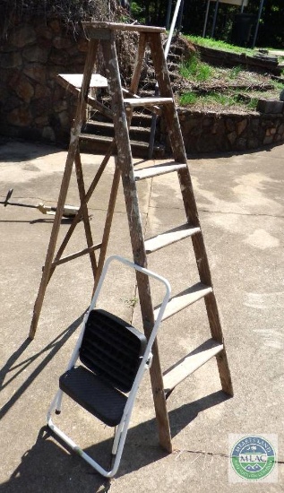 Lot 2 Ladders Wood 6' and Metal 2' Foot Stool
