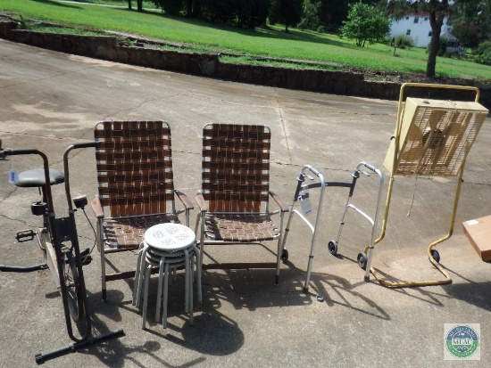 Vintage Lawn Chairs, Metal Stools, and Exercise Bicycle