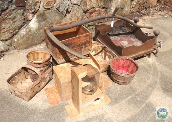 Lot Vintage Wood Crates, Scythe, Baskets, and Birdhouses