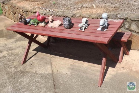 Wood Picnic Table & Bench with Ceramic Yard Ornaments