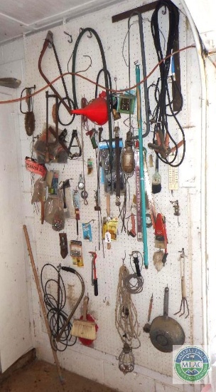 Contents of Pegboard Bow Saws, Belts, Parts, Small Tools, etc