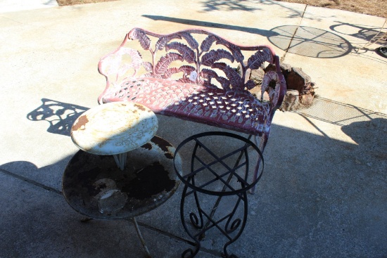 Cast Iron Yard Settee, Plant Stand & 2-Tier Table.