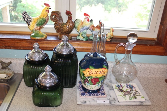 Canisters, Marble Chopping Block, Roosters, Etc.