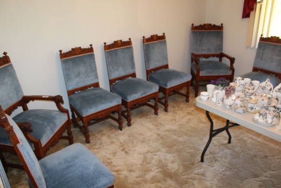 7 Very Ornate Carved Oak Chairs.  Arms w/Sheep's Head.