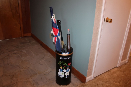 Steel Umbrella Stand w/Umbrellas, Canes and Toy Rifle.