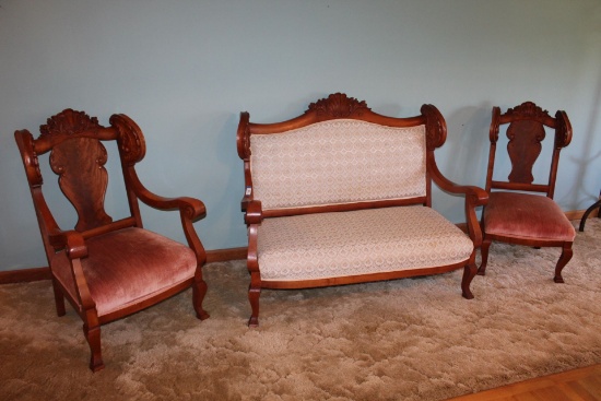 3 Piece Ornate Carved Settee.