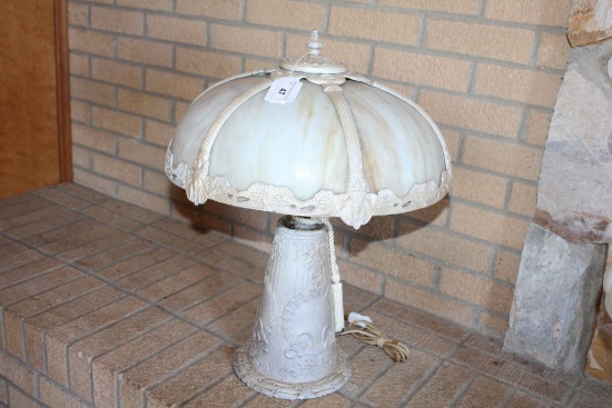 Heavy Cast Lamp with Stain Glass Shade.