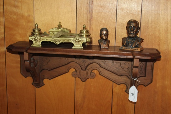 Walnut Wall Shelf w/Brass Desk Set & Presidents Bust.