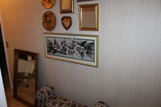 Small Bench, Gold Framed Mirror, Framed Prints.
