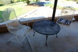 2 White Matching Wrought Iron Chairs & Black Table.