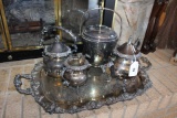 Large Silver Tray with Ice Bucket, Tea & Coffee Pitcher.