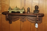 Walnut Wall Shelf w/Brass Desk Set & Presidents Bust.