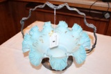 Blue Fluted Glass Basket with Stand.